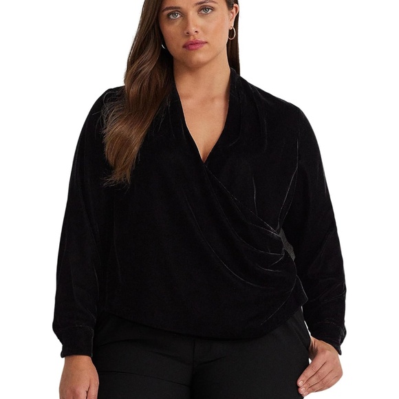 Lauren Ralph Lauren Plus-Size Pleated Velvet Surplice Blouse - Picture 1 of 4